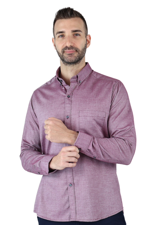 Camisa Cuello Americano Manga Larga Rojo Vino Tela Con Textura Para Hombre